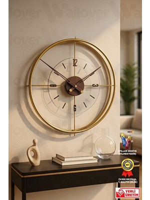 Lusenne Duvar Saati: Jumbo Modern Metal , Gold ve Ceviz Detaylı, 65X65 cm