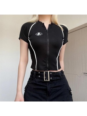 Touz Kopya - Y2K Zip Fermuarlı Siyah Crop