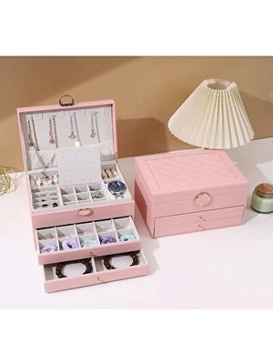 Lusenne Makyaj & Takı Organizeri: Pembe Dışı Deri Içli Kadife Çok Katlı Takı Organizeri