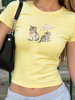 Touz Kemer Boy Cute Umbrella Cat Crop Bluz