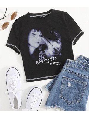 Touz Satu Moda & Embryo Made Baskılı Ters Dikiş Siyah Crop