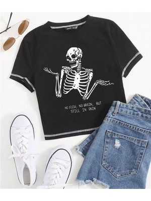 Touz Daily Confused Skull Baskılı Ters Dikiş Siyah Crop