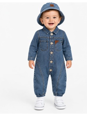 Crocodays Unisex Çocuk Bebek Kot (Jeans) Şapkalı Tulum (6/9/12/18) Ay