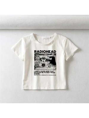 Touz Radiohead Baskılı Beyaz Crop