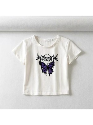 Touz Zolid Wear Gothic Purple Butterfly Baskılı Beyaz Crop