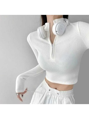 Touz Y2K Fermuar Detaylı Harajuku Kadın Crop Bluz