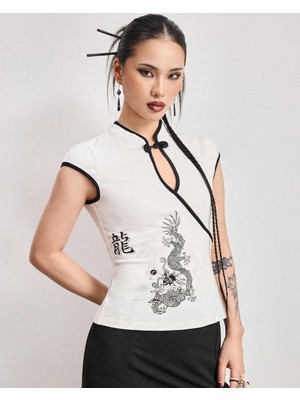Touz Mandarin Yaka Ejderha Motifli Vintage Qipao Kısa Kollu Crop
