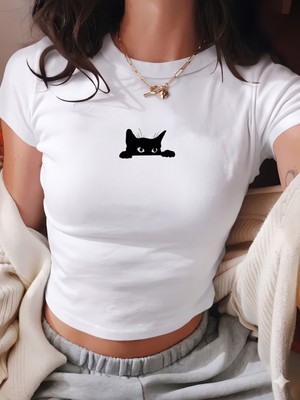 Touz Kemer Boy Black Cat Baskılı Crop Bluz
