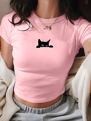 Touz Kemer Boy Black Cat Baskılı Crop Bluz