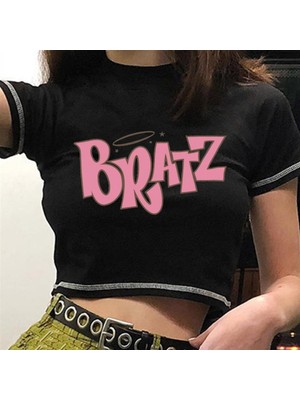 Touz Satu Moda & Bratz Baskılı Ters Dikiş Siyah Crop