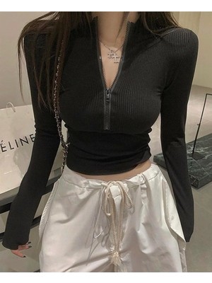 Touz Y2K Fermuar Detaylı Harajuku Kadın Crop Bluz