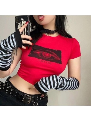 Touz Y2K Kırmızı I See You Baskılı Kırmızı Crop Bluz
