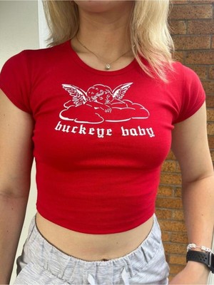 Touz Y2K Be My Valentine Girl Baskılı Kırmızı Crop Bluz