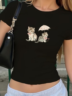 Touz Kemer Boy Cute Umbrella Cat Crop Bluz
