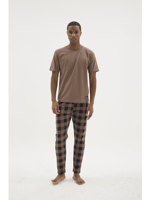 Kly Erkek Kısa Kol Kareli Alt O Yaka Kahve Pijama Takımı C8T9N02