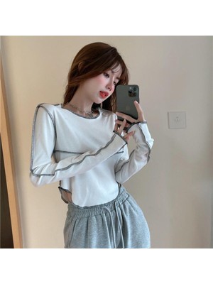 Touz Y2K Streetwear Ters Dikiş Detaylı Uzun Kollu Beyaz Crop
