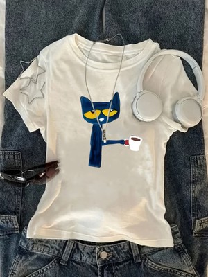 Touz Kemer Boy "monday Mood" Kahveci Kedi Crop Bluz