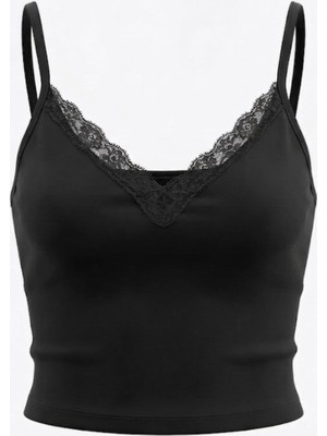 Touz Lace Detail Night Black Ip Askılı Crop
