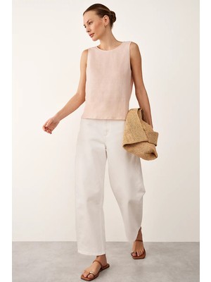 The White Company Avrupa Ketenli Bağlama Detaylı Kolsuz Kadın Bluz