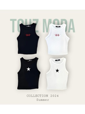 Touz Star Nakışlı Siyah Halter Yaka Kaşkorse Crop Top