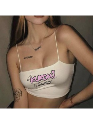 Touz Beyaz Baskılı Kadın Ip Askılı Büstiyer Crop