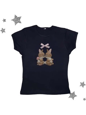 Touz Cute Rabbit Baskılı Crop Bluz