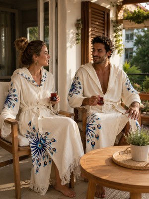 AQUATOLIA Müslin Çiçek Göz Bornoz - Deniz,havuz,spa,banyo %100 Pamuklu- Unisex Bornoz