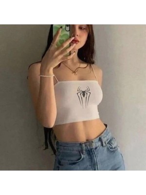 Touz Beyaz Baskılı Kadın Ip Askılı Büstiyer Crop