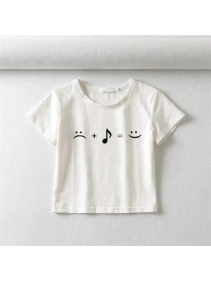 Touz Music Equals Happiniess Baskılı Beyaz Crop