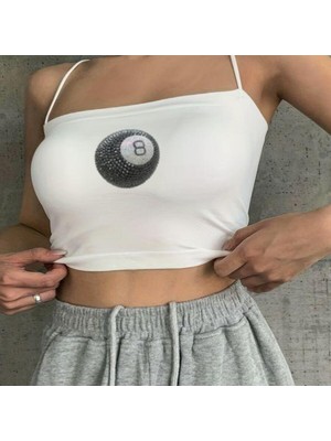 Touz Beyaz Baskılı Kadın Ip Askılı Büstiyer Crop