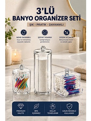Lusenne Makyaj & Takı Organizeri: Çok Bölmeli Banyo Organizer Seti, Pamukluk ve Kulak Çubuğu Kutusu