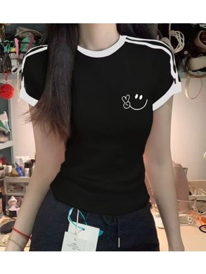 Touz Smile Baskılı Şeritli Bluz Body Crop