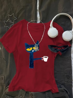 Touz Kemer Boy "monday Mood" Kahveci Kedi Crop Bluz