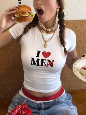 Touz Kemer Boy I Love Men Baskılı Crop Bluz