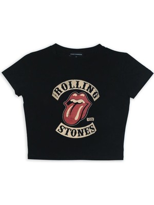 Touz My Vısıon Rolling Stones Baskılı Siyah Crop