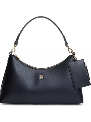 Tommy Hilfiger Kadın Çıkarılabilir Mini Cüzdanlı Fermuarlı Kısa Kulplu Th Monogram Logolu Siyah Omuz Çantası AW0AW18720-BDS