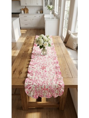 Kesene Göre %100 Pamuk Simli Kumaş Pembe Desenli Fırfırlı Runner 40X110