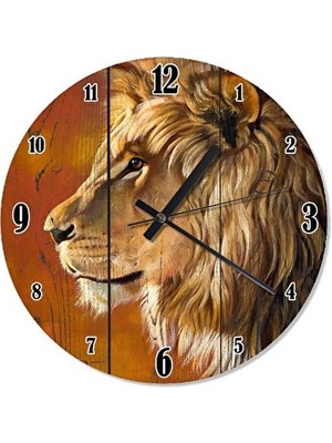 Lusenne Duvar Saati: 30 cm Çap Tahta Görünümlü Aslan Figürlü Sessiz