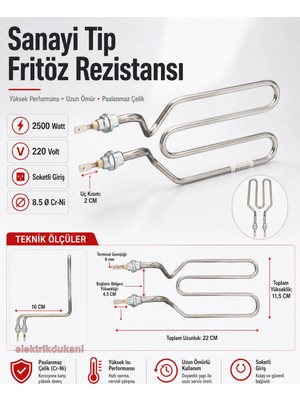 Ender Sanayi Tipi Fritöz Rezistansı 2500 Watt 220 Volt 8.5 ? Cr-Ni
