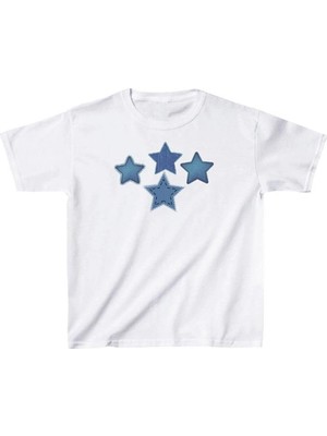Touz Kemer Boy Denim Star Baskılı Crop Bluz