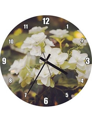 Lusenne Duvar Saati: Bembeyaz Çiçekler ve Flu Arkaplanlı 50X50 cm