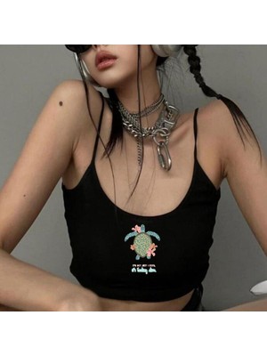 Touz Siyah Caretta Caretta Baskılı Kadın Ip Askılı Büstiyer Crop