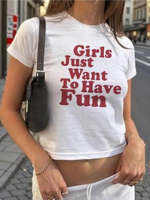 Touz Kemer Boy Slogan Baskılı Crop Bluz