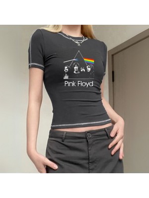 Touz Rock Serisi Pink Floyd Antrasit Crop Bluz