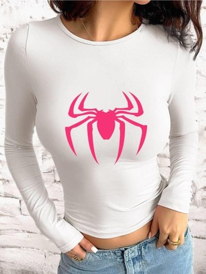 Touz Uzun Kol Spider Baskılı Beyaz Bluz Body