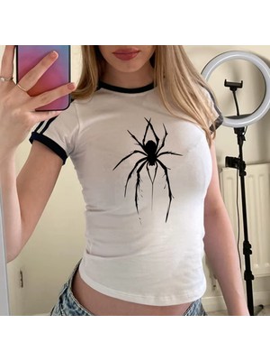 Touz Spider Baskılı Şeritli Bluz Body Crop