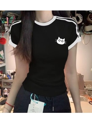Touz Cat Baskılı Double Stripe Body Crop