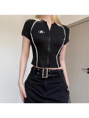 Touz Dompuleri Moda Y2K Zip Fermuarlı Siyah Crop