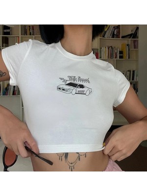Touz Dape Vintage Car Baskılı Beyaz Crop