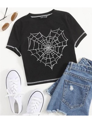 Touz Heart Web Desenli Baskılı Ters Dikiş Teknik Örümcek Ağı Siyah Renk Crop Kısa Kollu Bluz